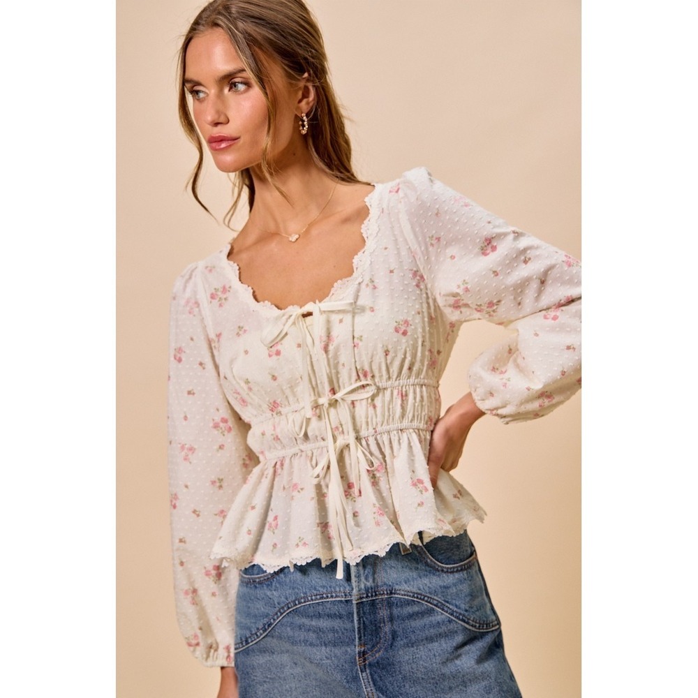 SO ME Floral Clip Dot Lace Trim Ruched Bodice Blouse - White - Medium - Picture 9 of 16